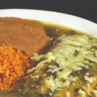 Enchiladas Verdes · Two enchiladas topped with tomatillo sauce and cheese served with rice and refried beans.
