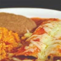 Enchiladas Rojas · Two enchiladas topped with ranchero sauce served with rice and refried beans.