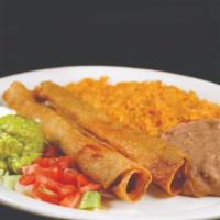 Flautas De Pollo · Two large crispy chicken flauta served with rice, beans, sour cream, and guacamole.
