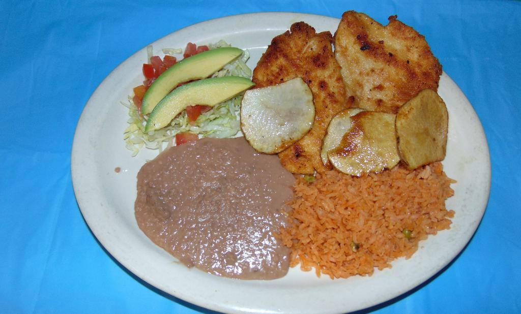 Milanesa · A lightly breaded, thin sliced tender steak topped with sliced potatoes served with refried beans rice and avocado slices. YOUR CHOICE  OF FEEF OR CHICKEN.