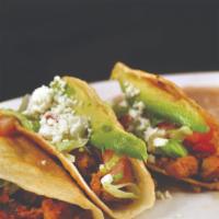 Tacos Albañiles · Three lightly fried steak tacos filled with lettuce, tomato, avocado and queso frescos Serve...