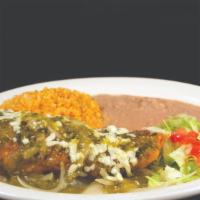 Pechuga Rellena · A better dipped deep-fried chicken breast stuffed with salad shrimp, Mozzarella cheese and p...