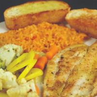 Filete Al Comal · A grilled catfish fillet served with rice and side of mixed vegetables.