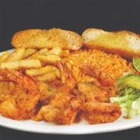Camarones Empanizados · Large shrimp, breaded and deep fried served with rice small salad and fried fries.