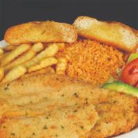 Filete Empanizado · A breaded catfish fillet deep fried served with French fries a small salad, lemon, and avoca...