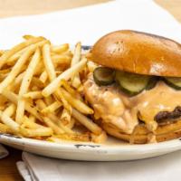Wb Flat Top Burger · 8oz angus beef patty, american cheese, dill pickles, caramelized onions, thousand island dre...