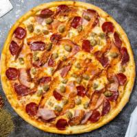Meat Lover Pizza · Pepperoni, Canadian bacon, sausage, and cheese pizza baked in a stone oven