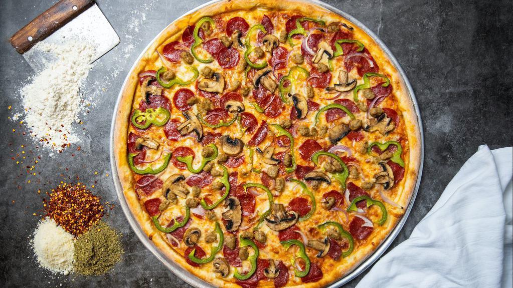 The Supreme Pizza · Pizza sauce, mozzarella cheese, pepperoni, mushroom, green pepper, red onion, black olive, green olive, sausage and cheese.