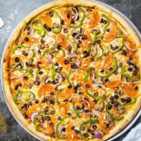 Veggie Time Pizza · Pizza sauce, mozzarella cheese, spinach, green and red pepper, black olive and cheese baked ...