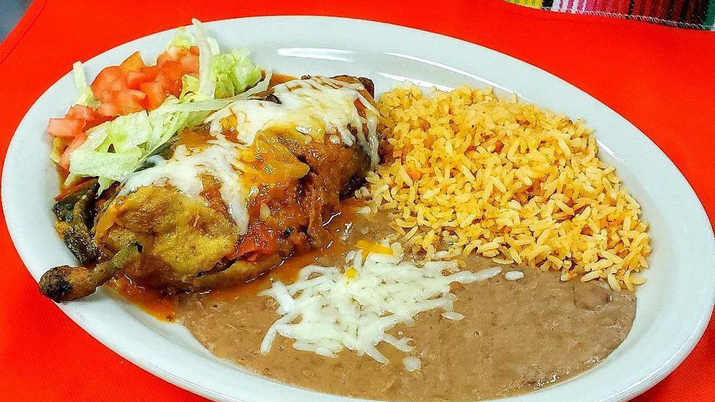 Chile Relleno · Stuffed poblano pepper with choice of ground beef, chicken, or mozzarella cheese. Come with rice and beans.