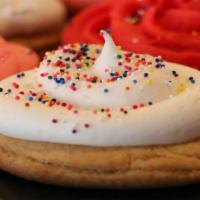 Frosted Cookie · Sugar Cookie frosted with our delicious vanilla buttercream topped with sprinkles.