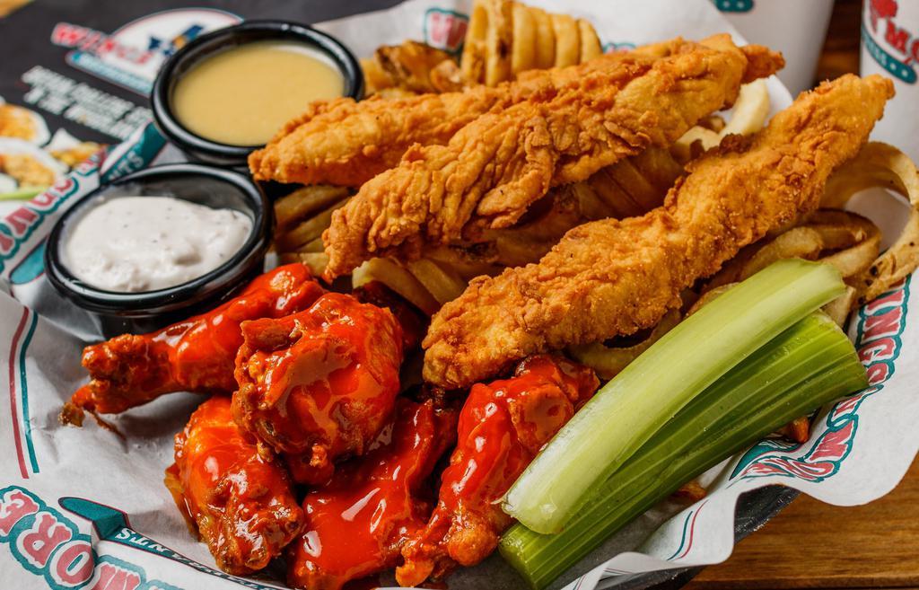 Wing 'N Texas Tenders · 5 wings and 3 Texas Tenders served with a side, drink and dipping sauces