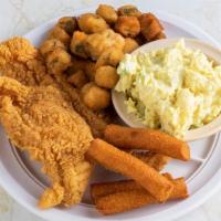 Fridays Lunch Special · Two fillets of fried catfish with hush puppies and your choice of two vegetable sides.