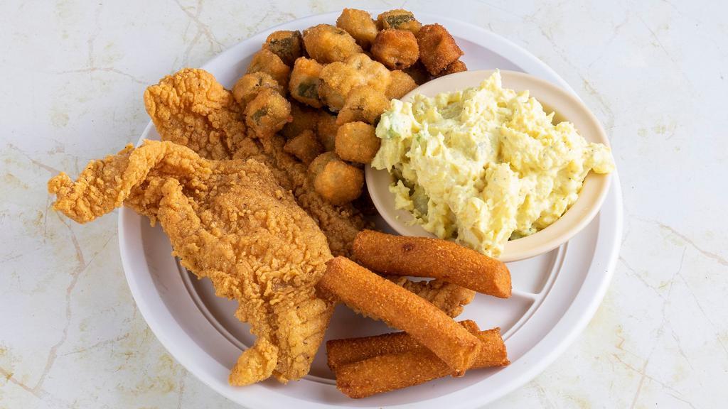 Fridays Lunch Special · Two fillets of fried catfish with hush puppies and your choice of two vegetable sides.