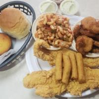 Saturday'S Only Fried Catfish · Four fillets of fried catfish with hush puppies and your choice of two vegetable sides.