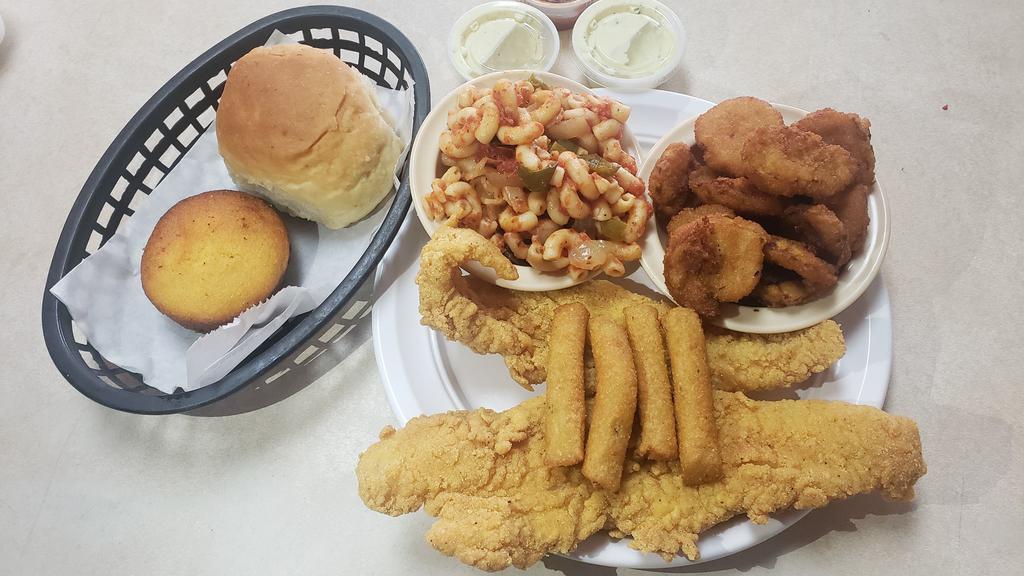 Saturday'S Only Fried Catfish · Four fillets of fried catfish with hush puppies and your choice of two vegetable sides.