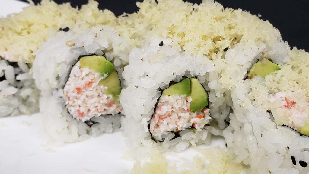 Crunchy Roll · Crab salad & avocado. Topped w/ sesame seeds & tempura flakes.
