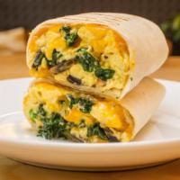 Omelette Wrap · Scramble egg, chopped bacon, spinach
grill mushroom, cheddar cheese in a tortilla
wrap & hom...