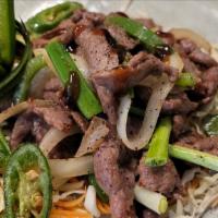 Hot Beef Stir Fry · Stir fried beef with onion, bell pepper, Jalapeno and green onion.