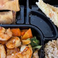 Shrimp  Teriyaki (Box) · includes,fried rice or steam rice or noodle,Vegetable,two pieces shrimp tempura and two spri...