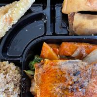 Salmon Teriyaki (Box) · includes,fried rice or steam rice or noodle,Vegetable,two pieces shrimp tempura and two spri...