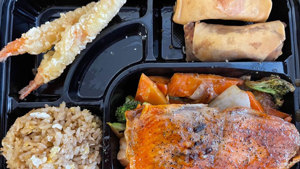 Salmon Teriyaki (Box) · includes,fried rice or steam rice or noodle,Vegetable,two pieces shrimp tempura and two springs roll