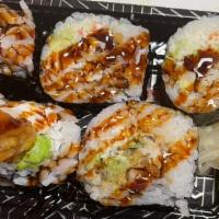 Spider Roll · Inside soft shell crab,crab meat,and avocado,topped eel sauce