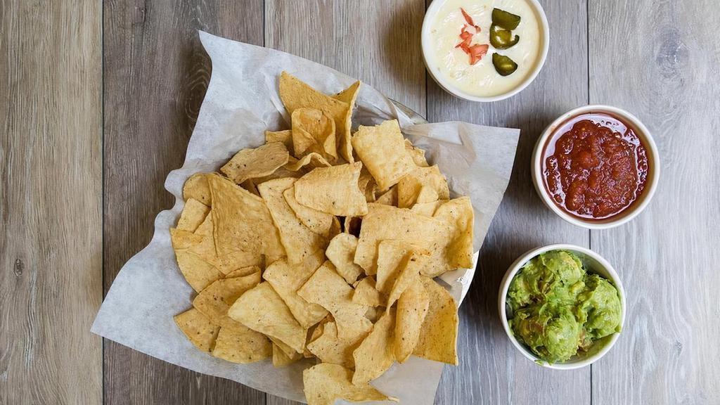 Chips & Dips · Corn tortilla chips, housemade guacamole, Queso Blanco & salsa (traditional or jalapeño).