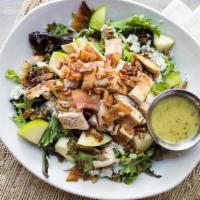Waterloo Salad · Seasoned grilled chicken, bacon, toasted pecans, Granny Smith apples& bleu cheese crumbles o...
