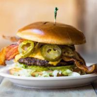 Works · Bacon, American cheese, grilled onions, pickled jalapeños, lettuce, tomatoes & pickles with ...
