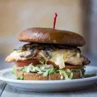 Mushroom Swiss · Swiss cheese, grilled onions, sauteed mushrooms, lettuce, tomatoes, pickles & mayo with your...