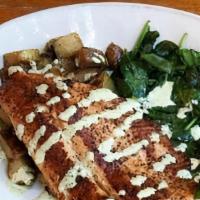 Grilled Ruby Trout · Fresh Ruby Trout seared on the grill and topped with cilantro lime crema.  You can choose an...