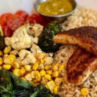 Fish Bowl · Blackened fish with brown rice, cherry tomatoes, roasted broccoli & cauliflower, roasted cor...