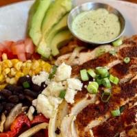 Chicken Fiesta Bowl · Blackened chicken, mexican rice, avocado, diced tomato, roasted corn, black beans, pickled j...