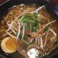 Beef Shoyu Ramen · A full-flavored beef noodle soup, slow-cooked light beef broth with blend soy sauce and spic...