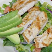 Ensalada De Pollo / Chicken Salad · Grilled Chicken, Romaine Lettuce,  Onions, Tomatos, and Avocado with Ranch Dressing