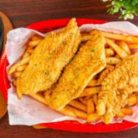 Fish Snack · Three hand-battered fish pieces served over a bed of fries and one hushpuppy. Substitute fri...