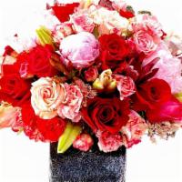 What A Girl Wants · Designer Choice Vase. Square vase.  Red, Pink and White Roses, hydranges, peonies, Lillies, ...