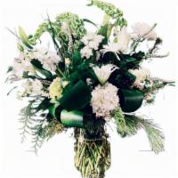 Eternal Love. · Large All White Arrangement. Deisgner Choice Vase. hydranges, snap dragon, stock, veronicas,...