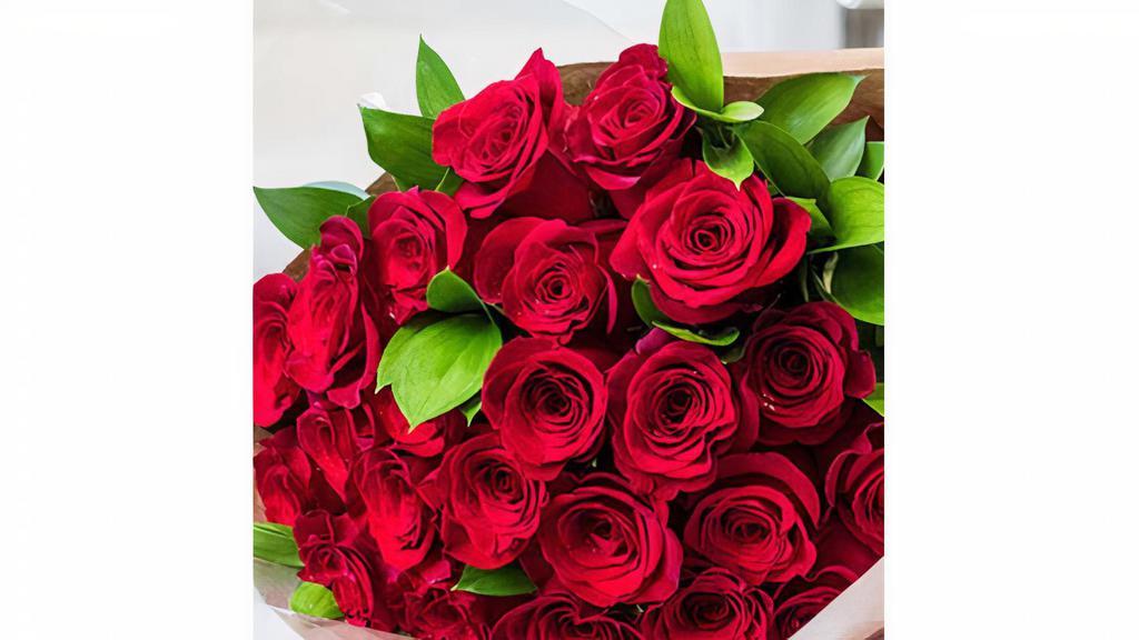 Dozen Red Rose Wrapped Bouquet  · 30-40cm Wrapped Red Roses. , greenery, babies breath
