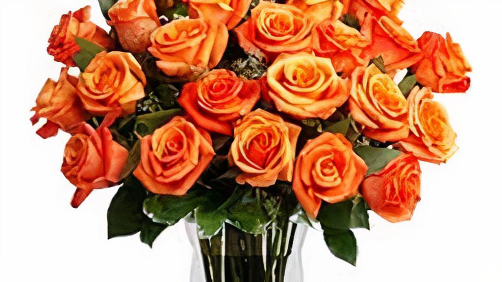 Orange Dozen Roses · Orange dozen roses, greenery babies breath