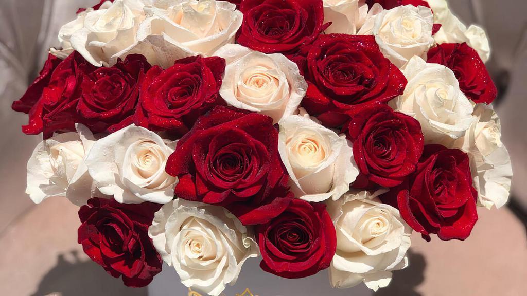 Red & White Roses Flower Box · 50 Red and White roses design in flower box