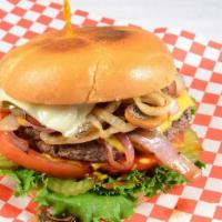 K-Pop Burger · Regular egg bun, mayo, lettuce, pickles, tomatoes, 1000 island dressing. Eight oz. fresh mea...