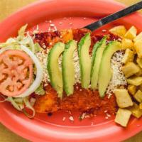 Enchiladas Del Julio · Five rolled up tortillas in red pepper sauce and topped with shredded cheese, avocado slices...