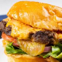 Omg! Cheese Burger · Beef patty with melted american cheese, lettuce, tomato, onions, pickles, and OMG sauce.
