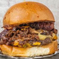 Tornado Burger · Fresh beef patty, top with Philly steak meat, crispy bacon, grill onions, cheese & drizzle w...