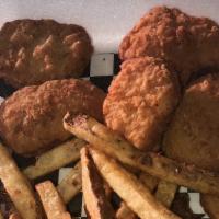 Chicken Nuggets · 5 piece freshly made chicken nuggets with fries & juice.