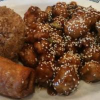 Sesame Chicken Lunch · With your choice of soup, appetizer and rice.