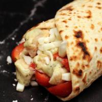Chicken Piazza Wrap · Grilled Chicken, Mozzarella Cheese, Roasted Red Peppers, Tomatoes, Pesto Sauce