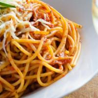 Spaghetti Pasta · A single portion of spaghetti pasta with a sauce of your choosing with a few pieces of schia...